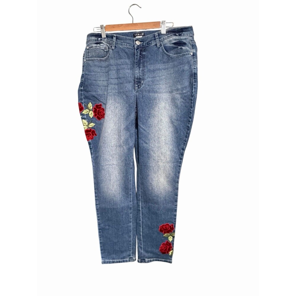 Venus Medium Wash Stretch Denim Skinny Jeans w/Velvet Rose Applique, Plus 16